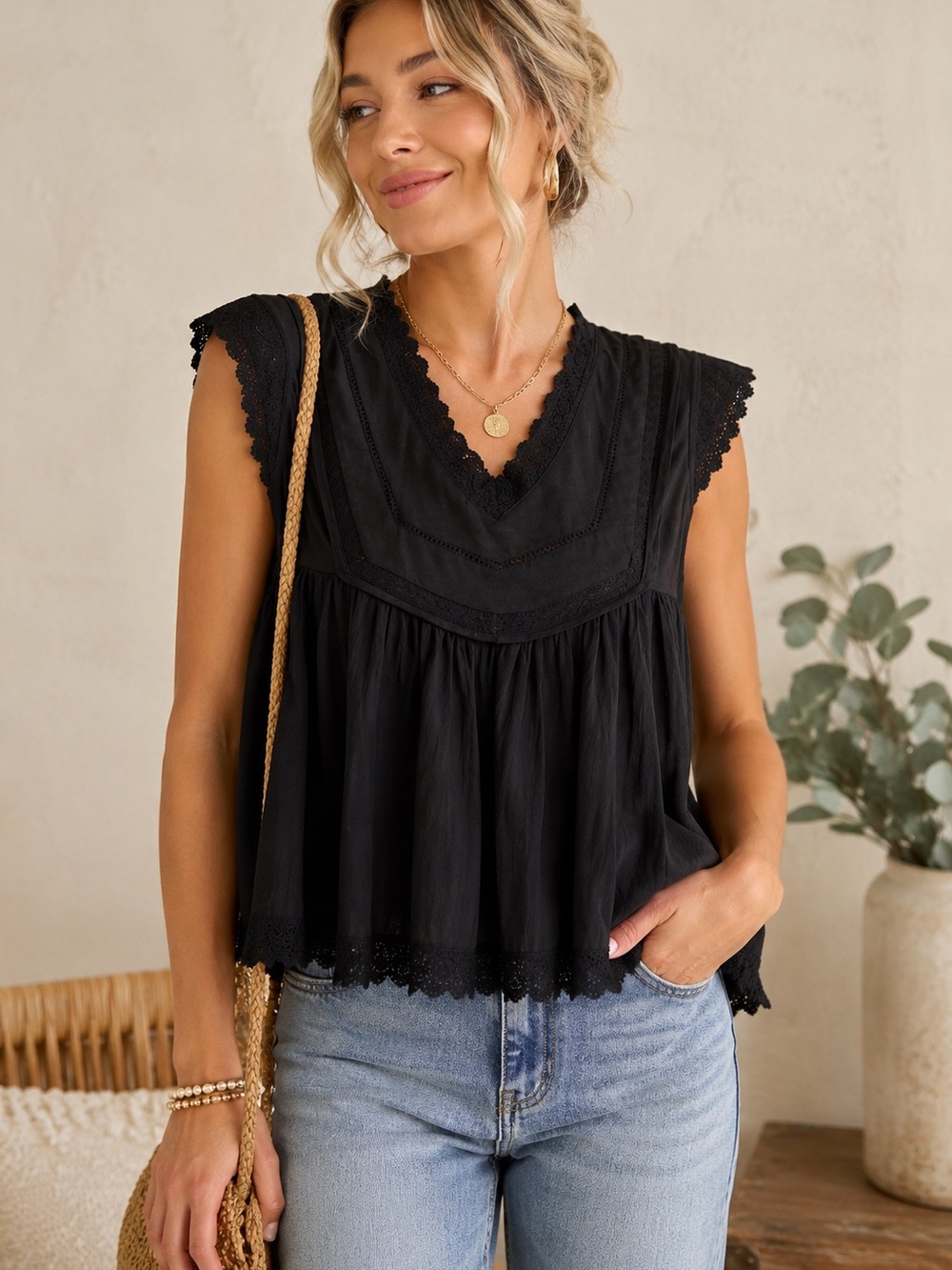 Raisonnel Sleeveless V-Neck Lace Trim Blouse - Black